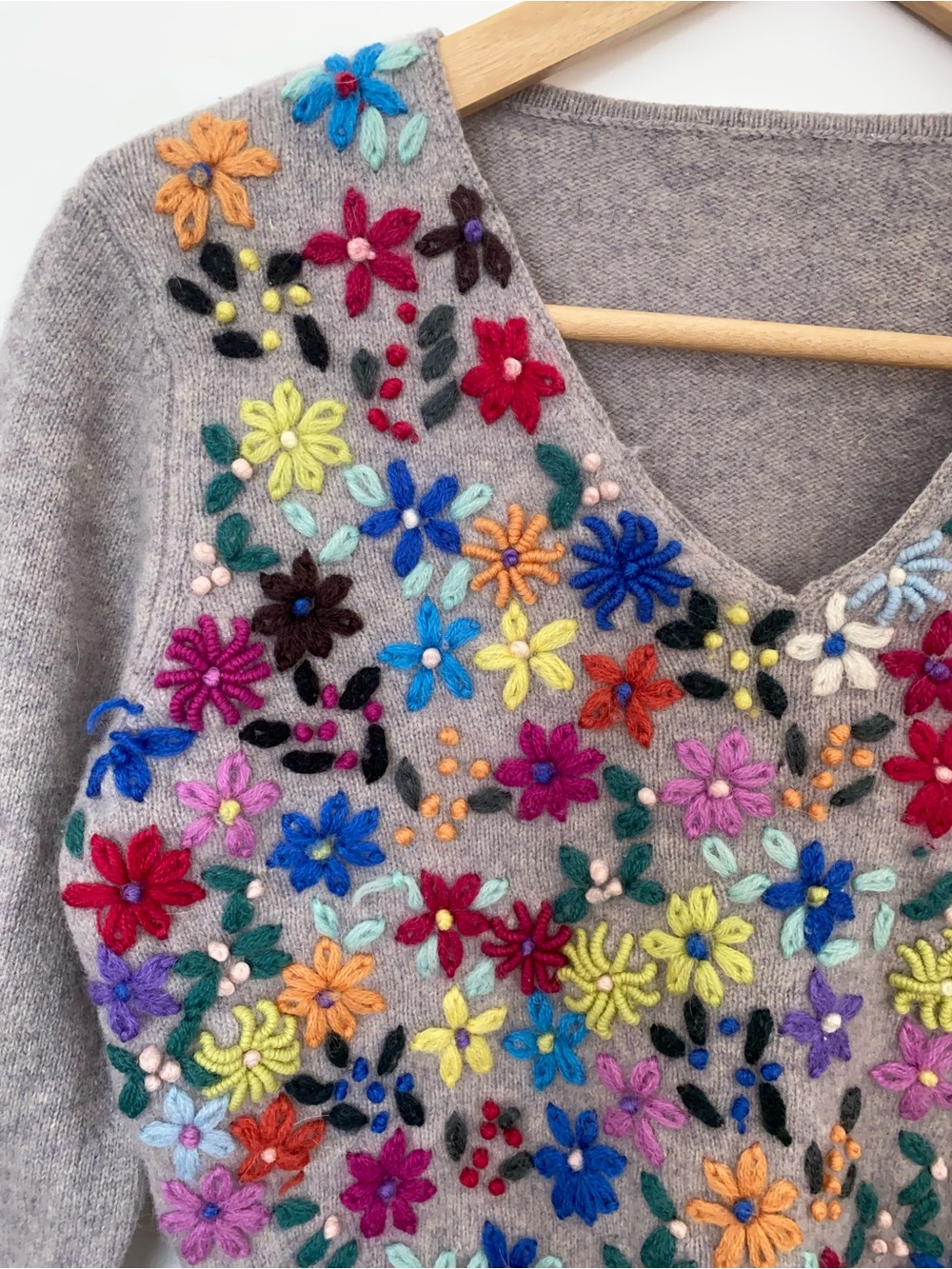 Vintage Colorful Embroidered Floral Wool Sweater